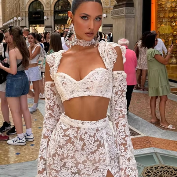 Jackets & Blazers - Lace Mini Skirt Set Women Hollow Out Cold ShoulderCrop Top Side Split Skirts